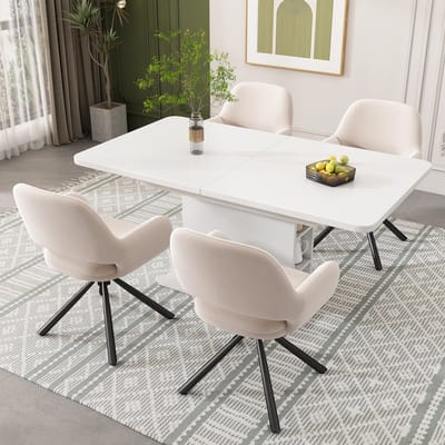 STILVORA Set Tafel En Stoelen - Uitschuifbare Rechthoekige Eettafel Met Opbergruimte En 4 Stoelen - Hout En Metaal - Wit;Beige - 130x75x75 Cm