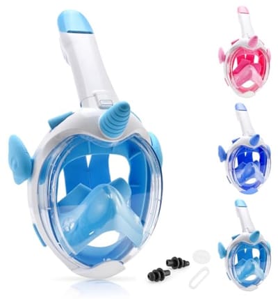 SnelShoppen - Aischens Snorkelmasker voor Kinderen 4-12 Jaar, Volgelaatsmasker met 180° HD Anti-condens en Anti-lek, Lichtblauw Duikmasker voor Onderw