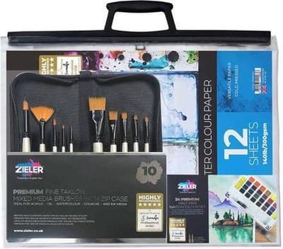 Zieler Aquarelverf Set - In Transparante A3 Case - Incl. Etui met 10 Penselen, 2 Waterbrushes, Mengpalet, 24 Kleuren Waterverf & Aquarelpapier