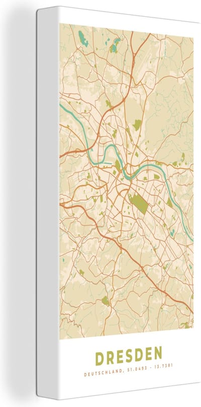 Canvas Schilderij Plattegrond - Kaart - Dresden - Vintage - Stadskaart - 20x40 cm - Wanddecoratie