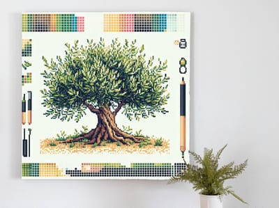 Pixel art olijfboom schilderij | Verfijnde pixelkunst brengt de natuur tot leven, olijfboom in focus | Kunst - 60x60 centimeter op Canvas | Foto op Canvas