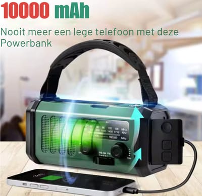 Noodradio 2025- FM AM - Crank Radio met Zonnepaneel - Solar Opwindbaar - 10.000mAh powerbank - Zonne energie - Zaklamp Oplaadbaar - Camping, Overleven & Rampen - Weerstation, USB, SOS alarm - Emergency Radio -Noodpakket - Leger Groen