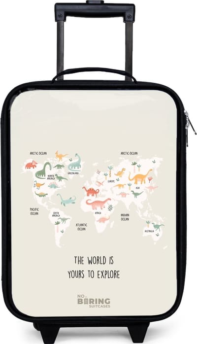 NoBoringSuitcases.com® - Kinderkoffer jongen - Kindertrolley meisje - Dino wereldkaart - Koffer kind lichtgewicht - Reiskoffer trolley voor kinderen - Koffertje met lichtgevende wieltjes - Rolkoffer zwart