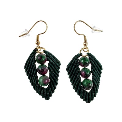 Groene Micro-Macramé Blad Haakoorbellen met Morganietstenen, Lange Oorbellen, Verguld RVS, Dames - Handgemaakt door esde2