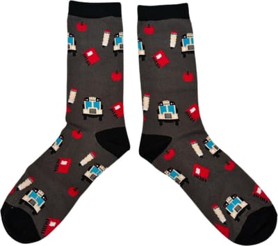 Sokken met School Thema - maat 38-43 - Grappige Sokken met Schoolbus, Appel, Schriften en Potlood - Cadeau voor Juf of Meester - Dames/Heren Fun Socks