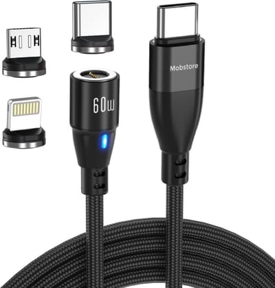 Mobstore Magnetische Oplaadkabel - 1 meter - Zwart - 3 in 1 - Snellader - 60W - USB-C - Data overdracht - Geschikt voor Apple Lightning / USB-C / Micro USB kabel connectors - Magneet Oplader - 3.0A Fast Charge Output - Werkt met Carplay