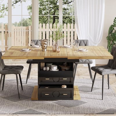 Uitschuifbare eettafel met ledverlichting - houten tafel 110-140 x 80 x 75 cm - voor keuken, eetkamer, terras - tafel voor 6 personen met uitschuifbaar blad en houtnerf