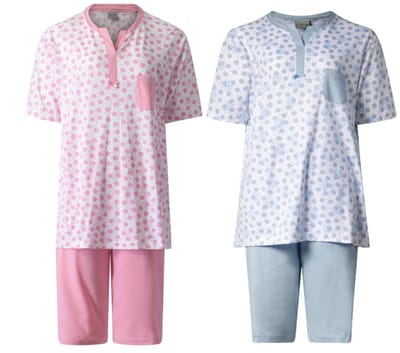 Lunatex - 2 dames shortama's 124243 - zomer pyjama's - 100% katoen - roze en blauw - maat L