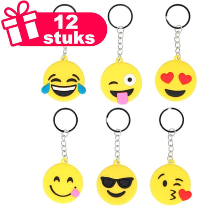 Henbrandt - 12 stuks Mix Vrolijke Gele Smileys Emotie Sleutelhangers - Traktatie uitdeelcadeautjes voor kinderen & peuters - Traktaties en kinderverjaardagen - Klein grabbelton speelgoed voor in traktatie uitdeelzakjes