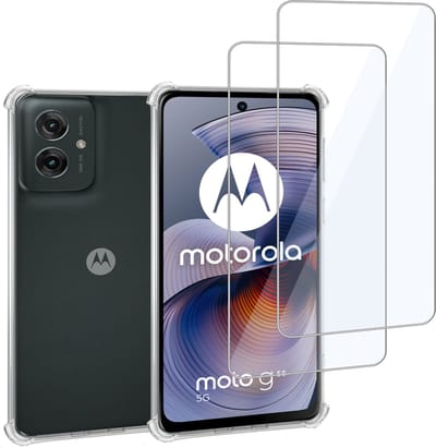 Geschikt voor Motorola Moto G55 - Hoesje + 2x Screenprotector – Gehard Glas Cover + Shock Proof Case – Transparant