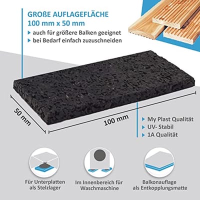 Rubberen Terraspads voor Tuin en Patio - Antislip, Waterdicht, Weerbestendig - 100 x 50 mm - 50 Stuks