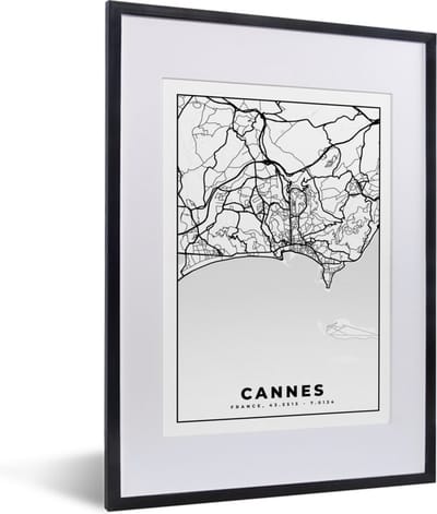 Fotolijst incl. Poster Zwart Wit- Kaart - Plattegrond - Cannes - Frankrijk - Stadskaart - Zwart wit - 30x40 cm - Posterlijst