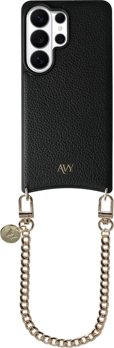 AVY Leren Hoesje Geschikt voor Samsung Galaxy S26 Ultra | Compatibel met MagSafe | Leather Case met Telefoonkoord | Polsband | Zwart | Aurum Lien