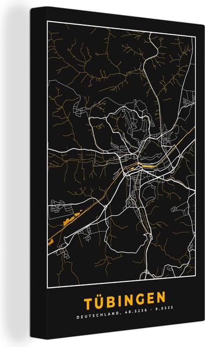 Canvas Schilderij Duitsland – Black and Gold – Tübingen – Stadskaart – Kaart – Plattegrond - 20x30 cm - Wanddecoratie