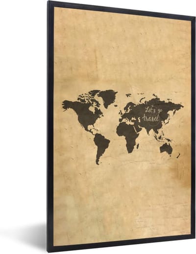 Poster in lijst - Fotolijst 80x120 cm - Posters - Wereldkaart - Vintage - Perkament - Posterlijst zwart - Decoratie - Wanddecoratie woonkamer - Muurdecoratie slaapkamer
