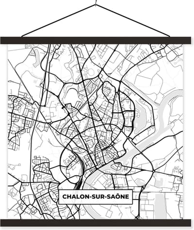 Posterhanger incl. Poster 60x60 cm - Schoolplaat - Plattegrond - Chalon-sur-Saône - Kaart - Frankrijk - Stadskaart - Zwart wit - Textielposter - Zwarte latten - Stadskaart