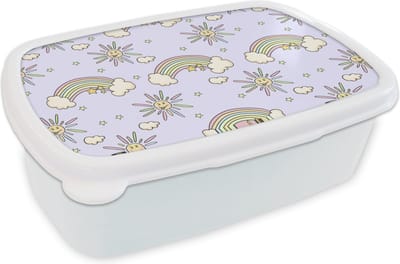 Broodtrommel Wit - Lunchbox - Brooddoos - Meisjes - Regenboog - Zon - Patronen - Girl - Kids - Kinderen - Kind - 18x12x6 cm - Volwassenen