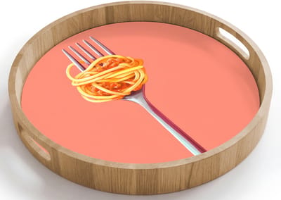 Dienblad rond 40x40 cm - Schootdienblad hout - Vork - Spaghetti - Artistiek - Roze - Borrelplank rechthoek - Plateau houten dienbladen