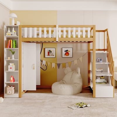 Hoogslaper 90x200 cm - met boekenplank - opbergkast en garderobekast - met opbergruimte - wit en houtkleur - zonder matras