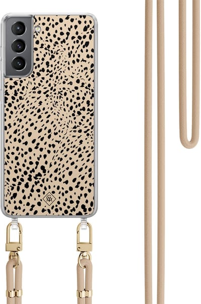 Casimoda® hoesje met beige koord - Geschikt voor Samsung S21 Plus - Stippen bruin abstract - Afneembaar koord - TPU/polycarbonaat - Bruin/beige