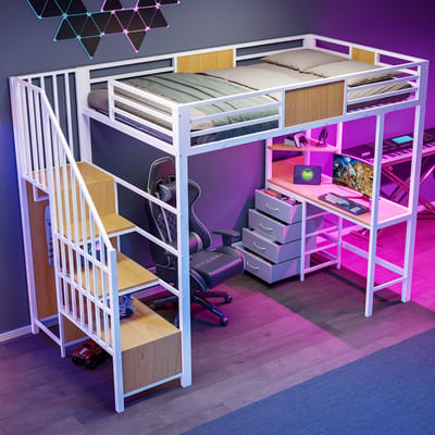90x200cm hoogslaper - met bureau - opbergvakken - kledingstang - LED-verlichting en stopcontact - wit - zonder matras