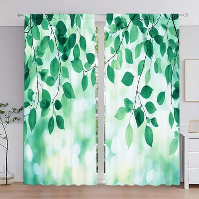 2 stuks Gordijn met print van frisse groene bladeren voor huisdecoratie - Tunnel voor roede Raambekleding voor Slaapkamer, Kantoor, Keuken, Woonkamer 52.5cmX116cm X 2pcs white