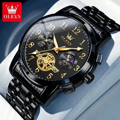 HO-2900.zw : Olevs zwart edelstaal heren horloge, zwarte wijzerplaat, cijfers, chronograaf, skeleton sekondenwerk