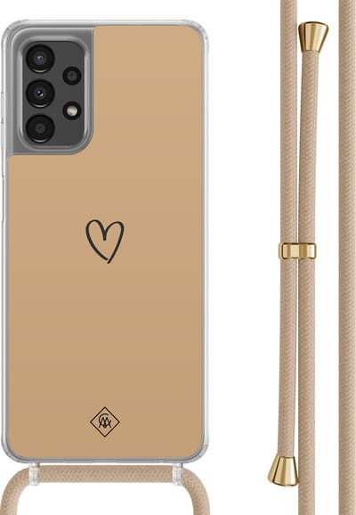 Casimoda® hoesje met beige koord - Geschikt voor Samsung A13 4G - Hart Bruin - Afneembaar koord - TPU/polycarbonaat - Bruin/beige