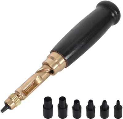 Dailygoods- Ponsgereedschap verstelbaar - Lederen perforator - Automatische perforatiekit - 6 verwisselbare boren - Houten handvat - Nauwkeurige gaten in leer/papier/plastic