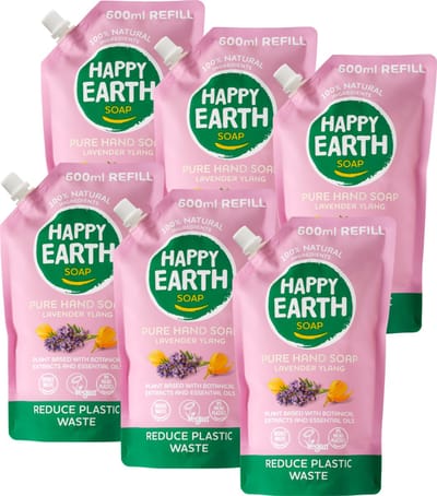 Happy Earth Bundel Handzeep Navulling Lavender Ylang - 100% Natuurlijk - Microplasticvrij - Refill - Antibacterieel – Plantaardige formule - 0% SLS/SLES of parabenen – Heerlijke geur – 6 x 600 ml – Voordeelverpakking