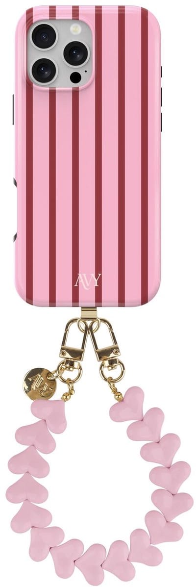 AVY Hoesje Met Telefoonkoord | Geschikt voor Apple iPhone 16 Pro Max | Compatibel met MagSafe | Hard Shell Back Cover | Stijlvol Bijpassend Koord 30CM | Linea Hearts | Roze