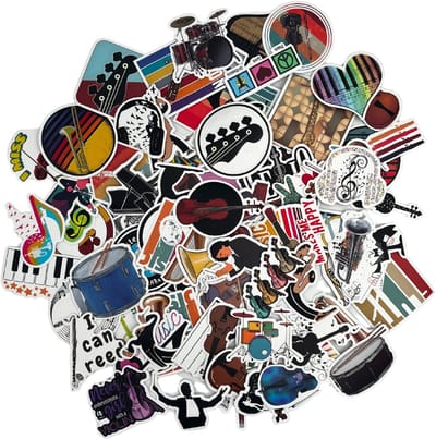 Winkrs - Muziek Stickers – 100 stuks – Orkest & Instrumenten Thema – Laptop, Gitaar, Fles, Notitieboek – Muziekliefhebber Cadeau