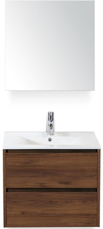 Dante Badmeubelset 60 cm - Walnoot - Keramische Wastafel Wit Enjoy met Spiegelkast