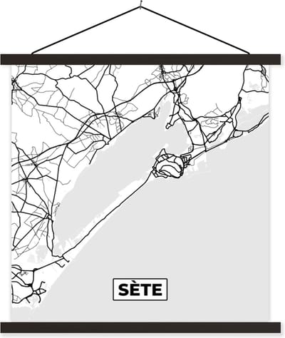 Posterhanger incl. Poster 60x60 cm - Schoolplaat - Plattegrond – Kaart – Sète - Frankrijk – Stadskaart - Zwart wit - Textielposter - Zwarte latten - Stadskaart