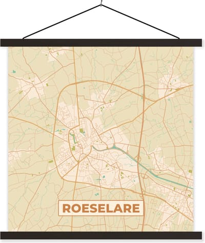 Posterhanger incl. Poster 60x60 cm - Schoolplaat - Kaart - België - Stadskaart - Roeselare - Plattegrond - Textielposter - Zwarte latten - Stadskaart