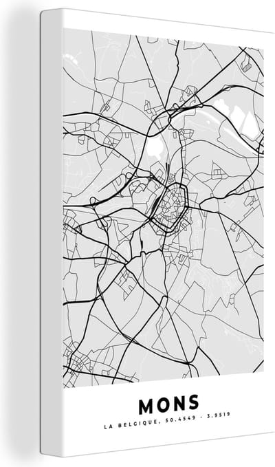 Canvas Schilderij België – Mons – Stadskaart – Kaart – Zwart Wit – Plattegrond - 20x30 cm - Wanddecoratie