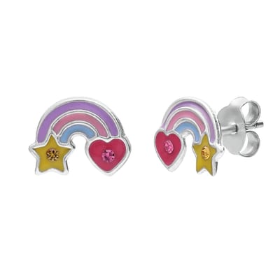 Lucardi Kinder Zilveren kinderoorknoppen regenboog emaille - Oorbellen - 925 Zilver - Zilverkleurig