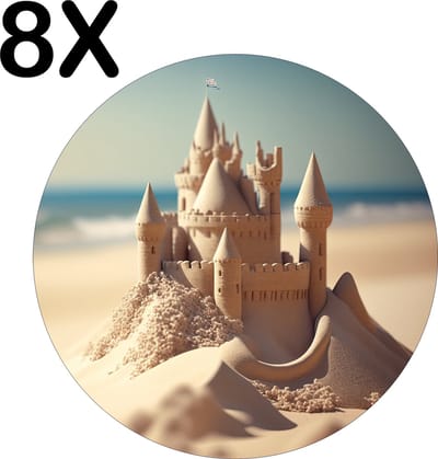 Luxe Ronde Placemat - Prachtig Zandkasteel op het Strand - Set van 8 Placemats - 50x50 cm - 2 mm dik Vinyl - Anti Slip - Afneembaar