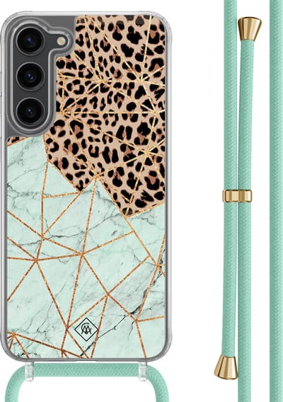 Casimoda® hoesje met mintgroen koord - Geschikt voor Samsung S23 Plus - Luipaard Marmer Mint - Afneembaar koord - TPU/polycarbonaat - Mint