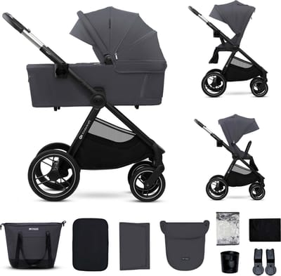 Kinderkraft NEA 2 Kinderwagen – 2-in-1 Tot 27 kg – Lichtgewicht – Vering op Alle Wielen – Compact Inklapbaar – Omkeerbare Zitting – Grijs