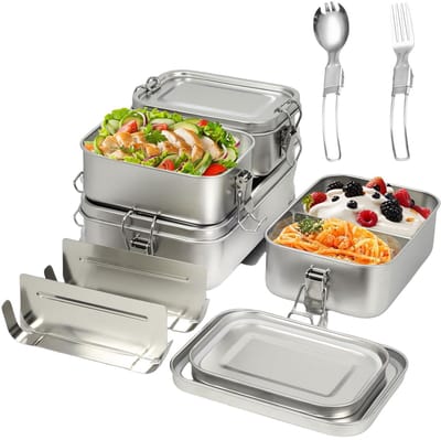 Broodtrommel, 1400/850/550ML lunchbox bentobox met vakken, vork en lepel Bento Box voor School, Kantoor, kamperen, kinderen, volwassenen