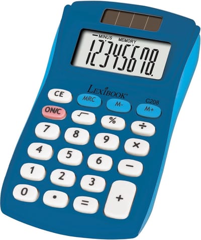 SnelShoppen - Zakrekenmachine met 8 Cijfers, 4 Bewerkingen, Zonne-energie en Batterijen, Compact en Licht, Blauw, Voor School en Thuis