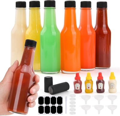 6 Stuks 5 oz Glazen Hot Sauce Fles met Lekvrije Schroefdoppen, Condimentflessen met Krimp Capsules, Kleine Heldere Houten Flessen voor Hot Sauces, Olie, Likeur, Thuisbrouwen Wijn