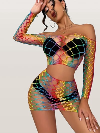 LekkerStout Lingerieset - Off-Shoulder - Top, Rok - Regenboog - Sexy Lingerie ( LS005 )
