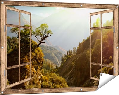 Gards Tuinposter Doorkijk Bos in de Bergen met Zonneschijn - Kleur - 120x80 cm - Tuindoek - Tuindecoratie - Wanddecoratie buiten - Tuinschilderij