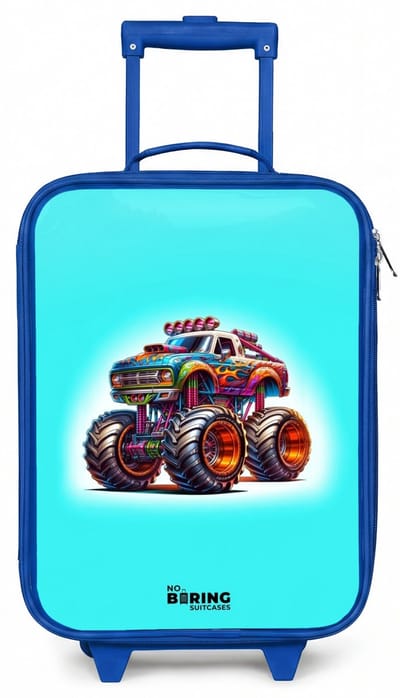 NoBoringSuitcases.com® - Kinderkoffer blauw - Kindertrolley jongen - Monstertruck op Lichtblauwe Achtergrond - Koffer kind lichtgewicht - Reiskoffer trolley voor kinderen - Koffertje met lichtgevende wieltjes - Rolkoffer