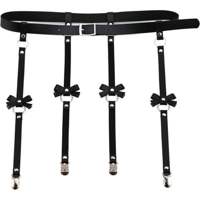 Ceinture de taille Punk Sexy en Cuir Unisexe Hommes Femmes Corset avec 4 Bretelles Suspenders et Boucle de Cuissard avec Nœud Amovible black