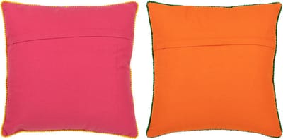 J-Line kussen Bloemen Geborduurd - katoen/polyester - oranje/roze - 2 stuks