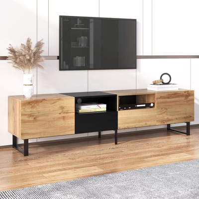 Moderne TV-standaard - Zwart en Houtkleuren - Ruime Opbergruimte - Robuuste Constructie