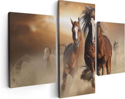 Artaza Canvas Schilderij Drieluik Wilde Paarden In Het Zand - 90x60 - Foto Op Canvas - Canvas Print